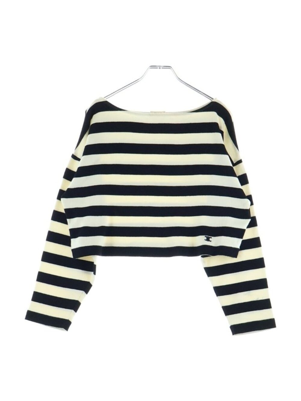 Celine Cropped Border Sweatshirt Triomphe Boat Neck Knit Sweater White Black